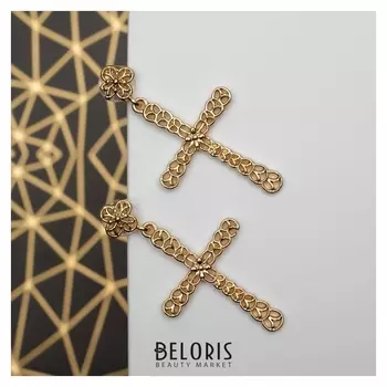 Серьги металл "Крестики" цветочки, цвет золото