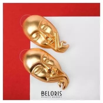 Серьги металл "Лица" альфа, цвет золото