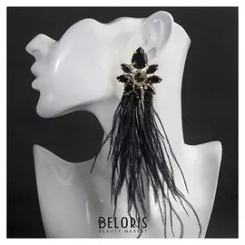 Серьги перья "Искра", цвет чёрный в золоте