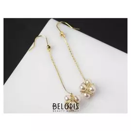 Серьги с жемчугом "Цепочки" бусинки, цвет белый в золоте