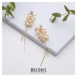 Серьги с жемчугом "Гроздь" с нитями, цвет белый в золоте