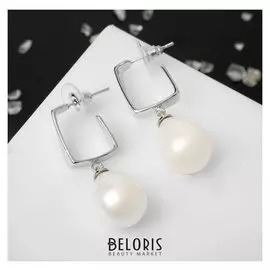 Серьги с жемчугом "Капля" прямой угол, цвет белый в серебре