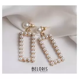 Серьги с жемчугом "Нежность" полый прямоугольник, цвет белый в золоте