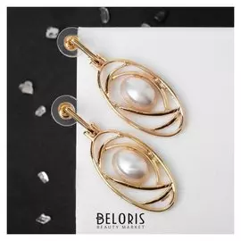 Серьги с жемчугом "Овал" авангард, цвет белый в золоте
