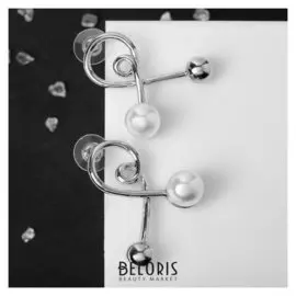 Серьги с жемчугом "Петля" с бусиной, цвет белый в серебре