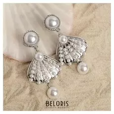 Серьги с жемчугом "Ракушка" русалка, цвет белый в серебре