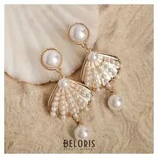 Серьги с жемчугом "Ракушка" русалка, цвет белый в золоте