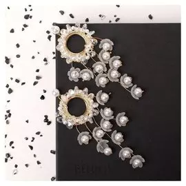 Серьги с жемчугом "Рассвет" цветы, цвет белый в золоте