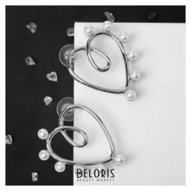 Серьги с жемчугом "Сердце" петля, цвет белый в серебре