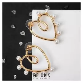 Серьги с жемчугом "Сердце" петля, цвет белый в золоте