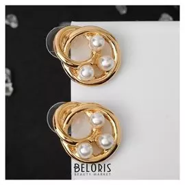 Серьги с жемчугом "Сплетение" два круга с бусинами, цвет белый в золоте