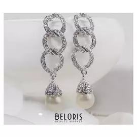 Серьги с жемчугом "Звено" с бусиной, цвет белый в серебре