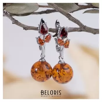 Серьги шар №12 "Янтарь" веточка, цветные в серебре