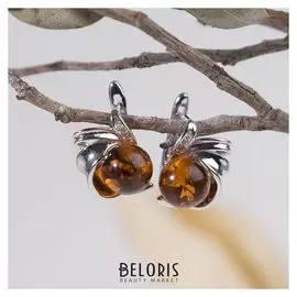 Серьги шар №8 "Янтарь" бант, цвет коньячный в серебре