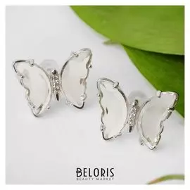 Серьги со стразами "Бабочки мини" прозрачные, цвет белый в серебре