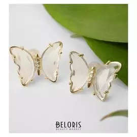 Серьги со стразами "Бабочки мини" прозрачные, цвет белый в золоте