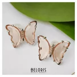 Серьги со стразами "Бабочки мини" прозрачные, цвет бежевый в серебре