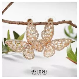 Серьги со стразами "Бабочки" сказочные, белые в золоте