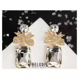 Серьги со стразами "Бант" перевёрнутый, цвет белый в золоте