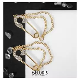 Серьги со стразами "Булавка" с цепочкой, цвет белый в золоте