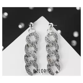 Серьги со стразами "Цепь" три малых кольца, цвет белый в серебре