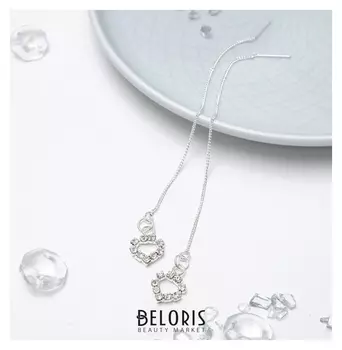 Серьги со стразами "Цепочки" сердце, цвет белый в серебре