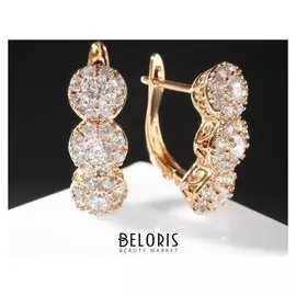 Серьги со стразами "Дорожка" три крупных кристалла, цвет белый в золоте