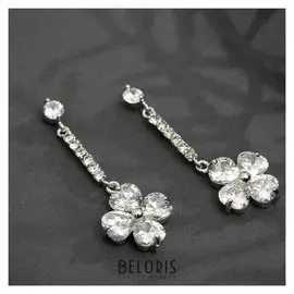 Серьги со стразами "Голливуд" цветы на нити, цвет белый в серебре