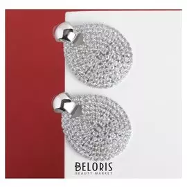 Серьги со стразами "Голливуд" круглая капля, цвет белый в серебре