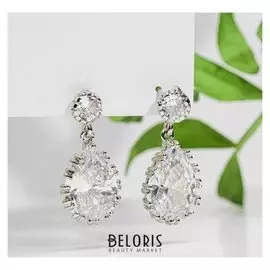 Серьги со стразами "Голливуд" крупные капли, цвет белый в серебре