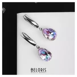 Серьги со стразами "Иллюзион" капля на длине, цвет сиреневый в серебре