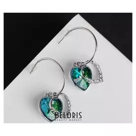 Серьги со стразами "Иллюзион" сердце двойное, цвет изумрудный в серебре