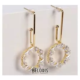 Серьги со стразами "Искры" звездочка в круге, цвет белый в золоте