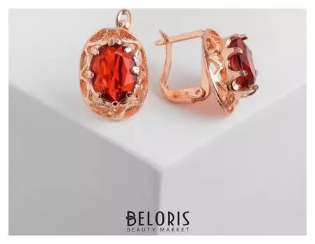 Серьги со стразами "Эдель" овал ажурный, цвет красный в золоте