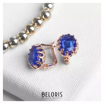 Серьги со стразами "Эдель" овал кружево, цвет синий в золоте