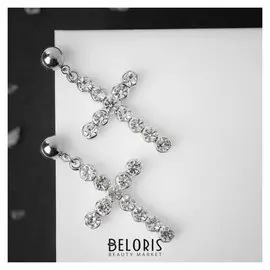 Серьги со стразами "Крестики" бусинки, цвет белый в серебре