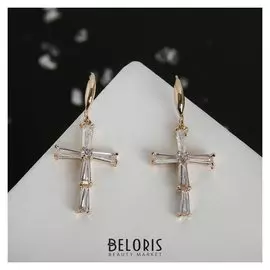 Серьги со стразами "Крестики искры" цвет белый в золоте