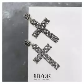 Серьги со стразами "Кресты" три ряда, цвет тёмно-серый