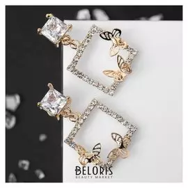 Серьги со стразами "Порхай" бабочки в квадрате, цвет белый в золоте