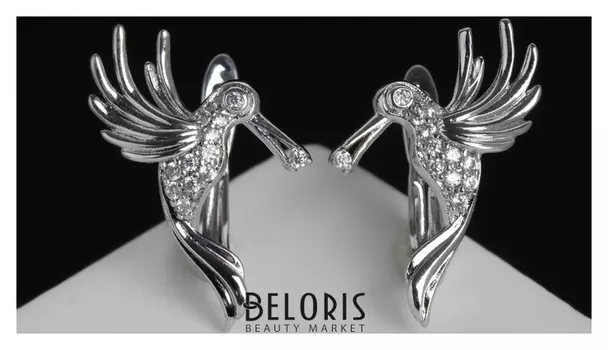 Серьги со стразами "Птица", цвет белый в серебре