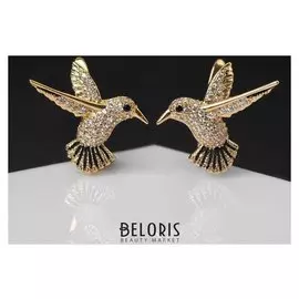 Серьги со стразами "Птички" колибри, цвет белый в золоте