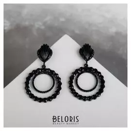 Серьги со стразами "Ракушка" круг, цвет чёрный