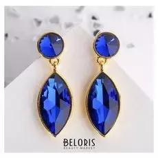 Серьги со стразами "Вечеринка" лепестки, цвет синий в золоте