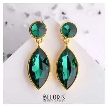Серьги со стразами "Вечеринка" лепестки, цвет изумрудный в золоте