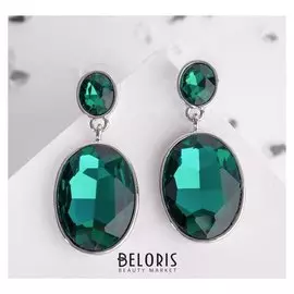 Серьги со стразами "Вечеринка" овалы, цвет изумрудный в серебре