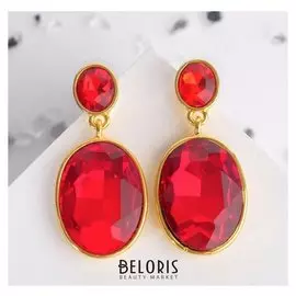 Серьги со стразами "Вечеринка" овалы, цвет красный в золоте
