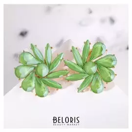 Серьги со стразами "Весна" круглый цветок, цвет зеленый в золоте