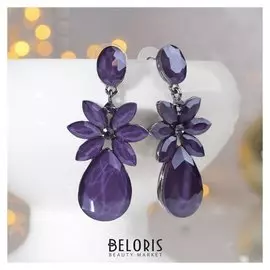 Серьги со стразами "Весна" лепестки в капле, цвет фиолетовый в сером