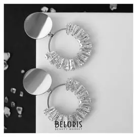 Серьги со стразами "Вспышка" круг, цвет белый в серебре