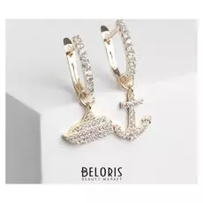 Серьги со стразами "Якорь и корабль", цвет белый в золоте